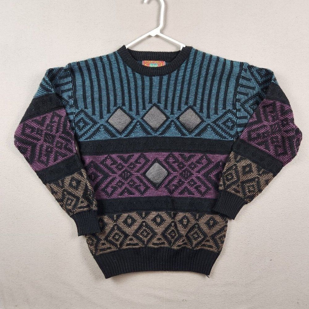 Vintage Chartwell Sweater Men's XL Pullover Purple Black Jumper Cosby Geometric